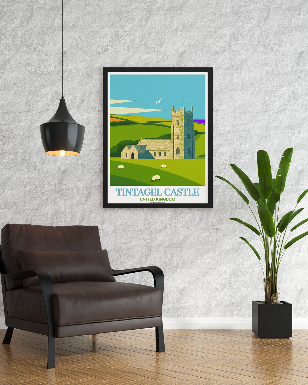 Vintage Poster of Tintagel Castle and St. Materianas Church, showcasing the timeless beauty of this Cornish landmark. Perfect for those who love British history, Arthurian myths, and Cornwalls scenic coastlines.