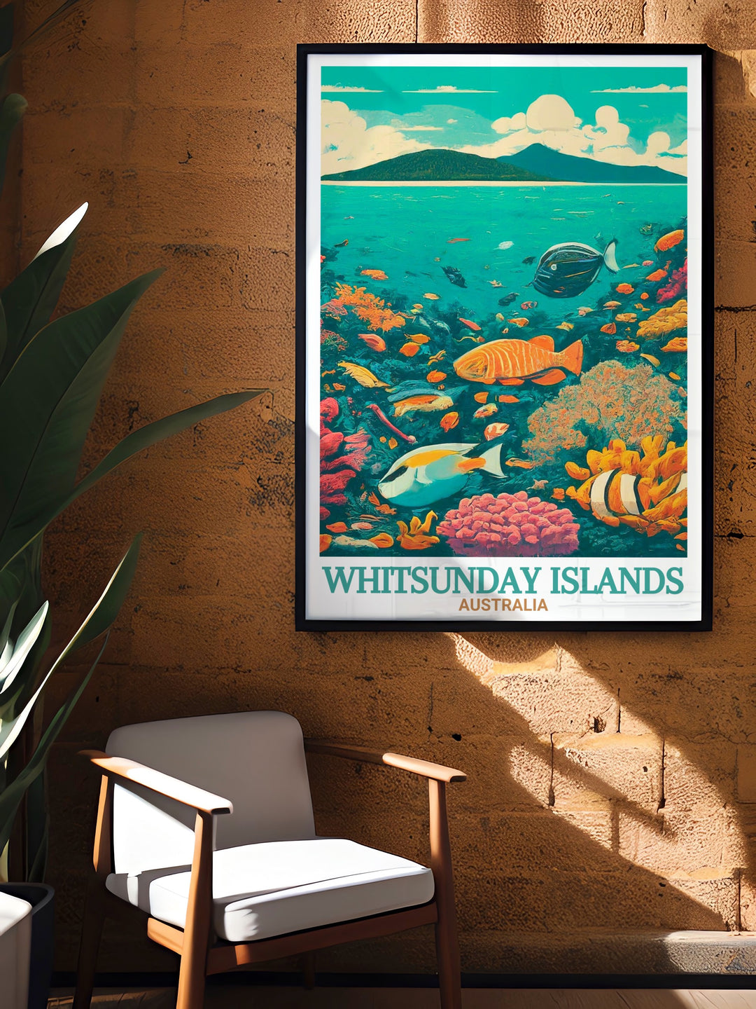 Whitsunday Islands travel poster showcasing the breathtaking beauty of the Great Barrier Reef perfect for nature lovers and those seeking a serene and elegant home decor addition.