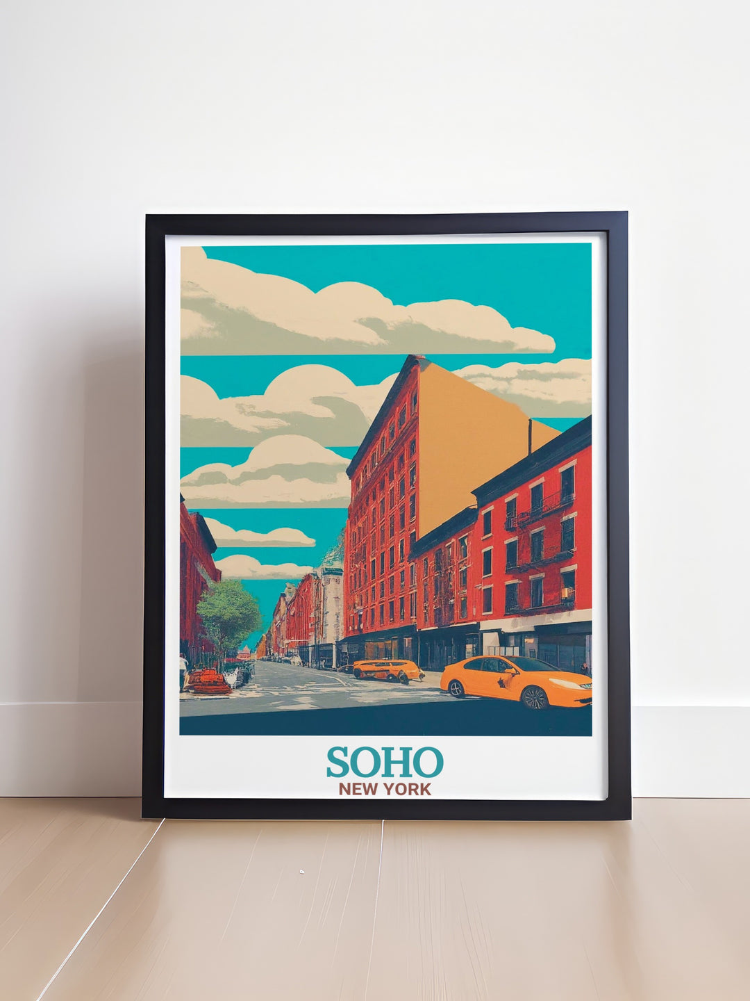 Our poster print of Sohos Spring Street and the London Palladium captures the unique charm of this vibrant London neighborhood. The artwork combines retro travel poster aesthetics with modern elegance, highlighting the iconic Palladium Theatre, making it the perfect choice for lovers of London history and architecture.