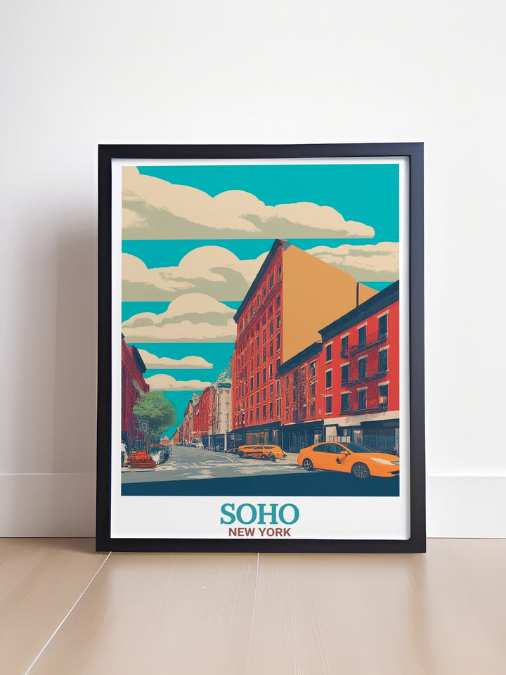 Our poster print of Sohos Spring Street and the London Palladium captures the unique charm of this vibrant London neighborhood. The artwork combines retro travel poster aesthetics with modern elegance, highlighting the iconic Palladium Theatre, making it the perfect choice for lovers of London history and architecture.