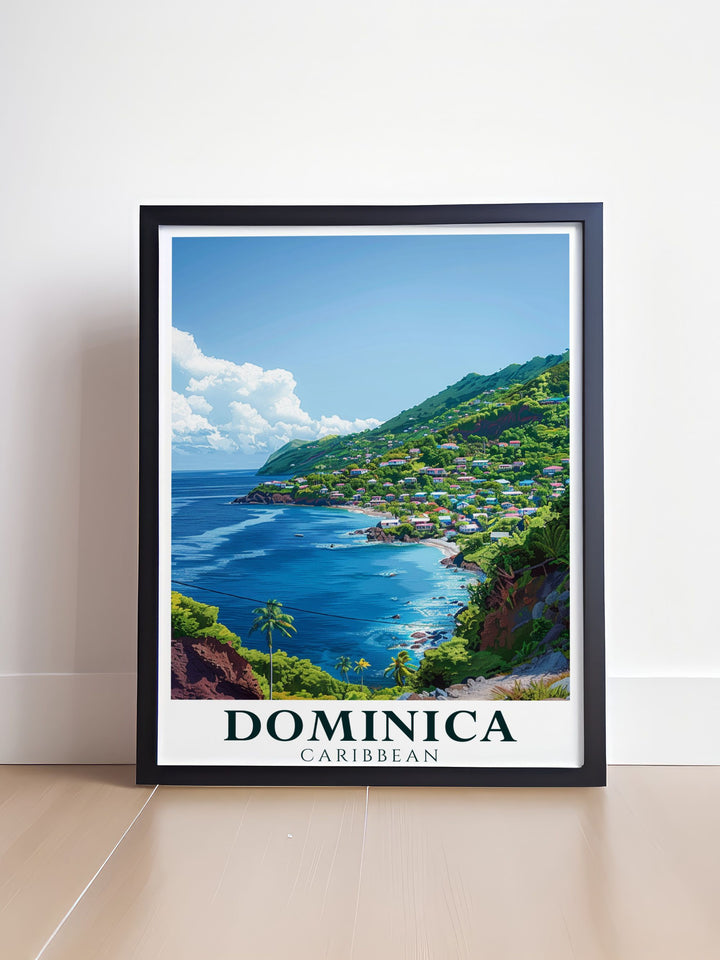 Caribbean Poster of Scotts Head in Dominica highlighting the vibrant scenery and peaceful atmosphere a perfect piece of Dominican wall art that brings the spirit of the island into your home suitable for various gifting occasions