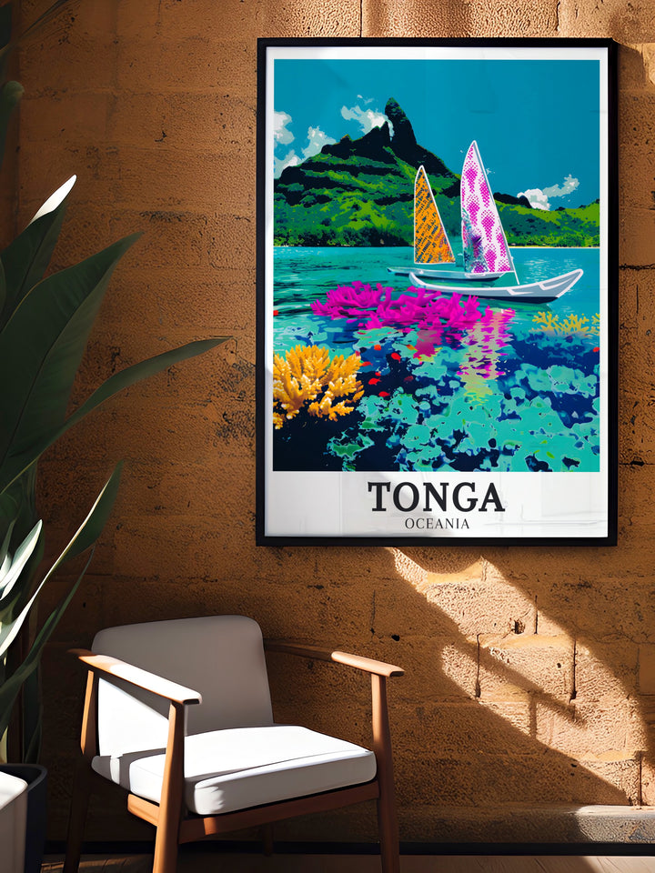 Coral reef elegant home decor featuring Tongan vaa canoes adds a touch of exotic beauty and tranquility to your space