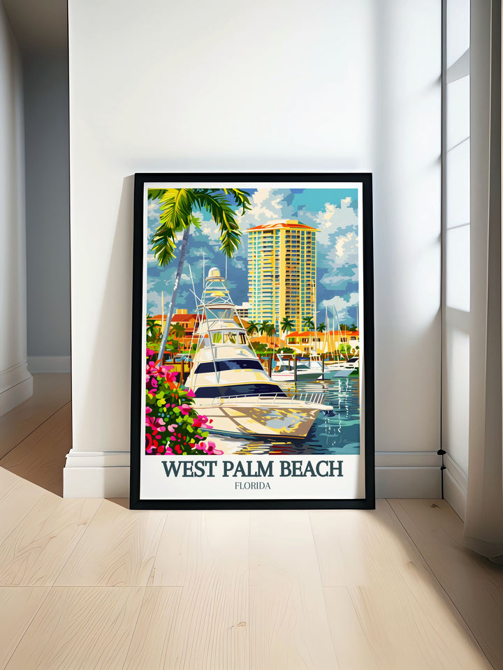 Beautiful Florida artwork featuring Palm Harbor Marina South Florida ideal for adding a coastal touch to any room this West Palm Beach poster print captures the vibrant marina and is perfect for anyone looking for elegant Florida decor