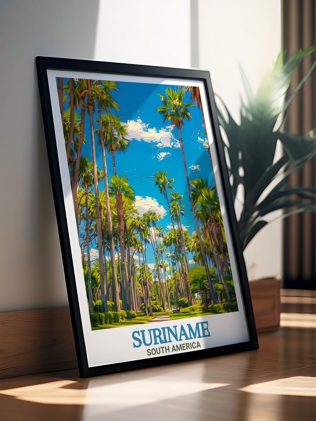 Suriname Poster featuring detailed illustrations of Paramaribo and the lush greenery of Palmentuin. High quality travel poster print perfect for enhancing any living space with elegance.