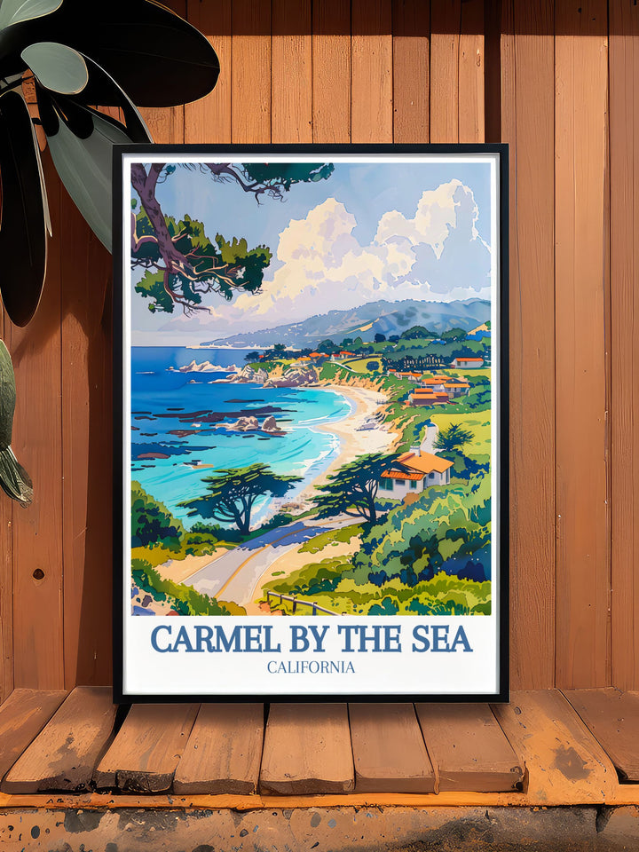 The stunning vistas of Carmel Beach are beautifully depicted in this travel poster, showcasing its pristine shoreline and vibrant sunsets. Bring a touch of Californias coastal charm into your living space with this exquisite artwork.
