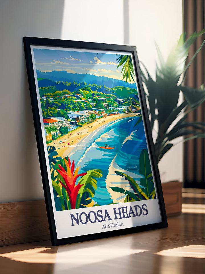 Noosa Everglades Canvas Art highlighting the unique ecosystem of the Noosa Heads wetlands, paired with a beachside view of the Main Beach. The vibrant colors and intricate details make this an excellent addition to any nature lovers wall decor.