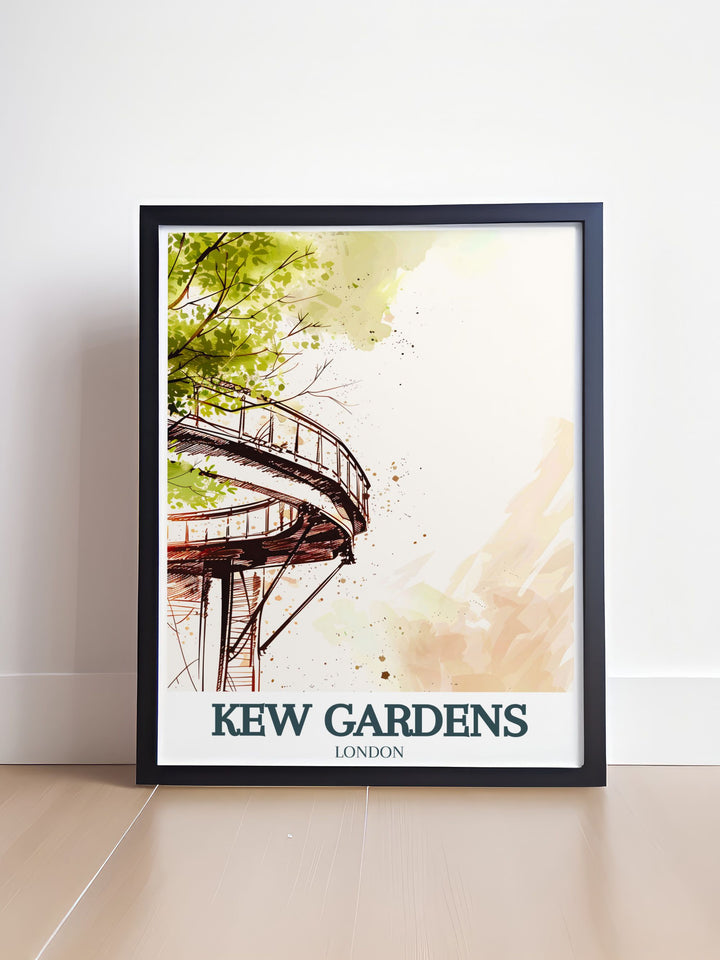 Treetop Walkway Wall Poster showcases the grandeur of Kew Gardens in a stunning black and white design. Featuring the Walkway and Arboretum, this fine art print offers a window into one of Englands most famous gardens, perfect for art lovers and nature enthusiasts alike.