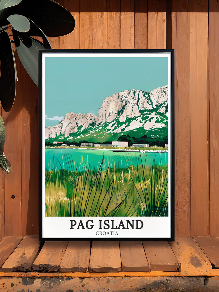 Croatia Wall Poster showcasing the beauty of Pag Island and Northern Dalmatia Velebit Mountains ideal for home or office decor this print brings a touch of the Adriatic coasts natural charm into your space perfect for travelers and nature enthusiasts.