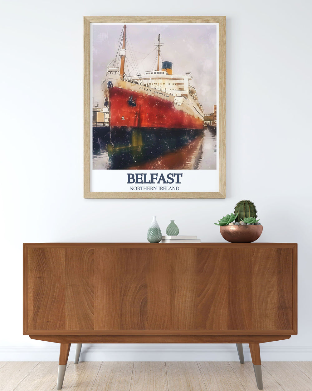 Stunning Titanic Belfast SS Nomadic artwork capturing the grandeur of Belfasts maritime history. Ideal as a Belfast wall poster or Ireland poster, bringing a piece of UK wall art into your home for a stylish and cultural touch.