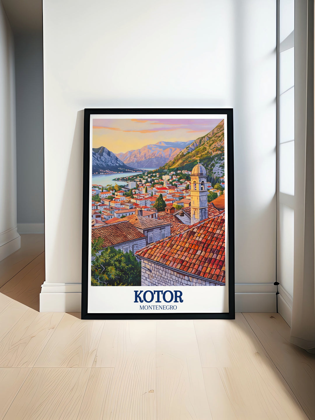 Kotor wall poster featuring the breathtaking view of Kotor Bay, Old Town, and the Church of Our Lady of Remedy. A must have for fans of European travel art and a stunning addition to any homes wall décor.