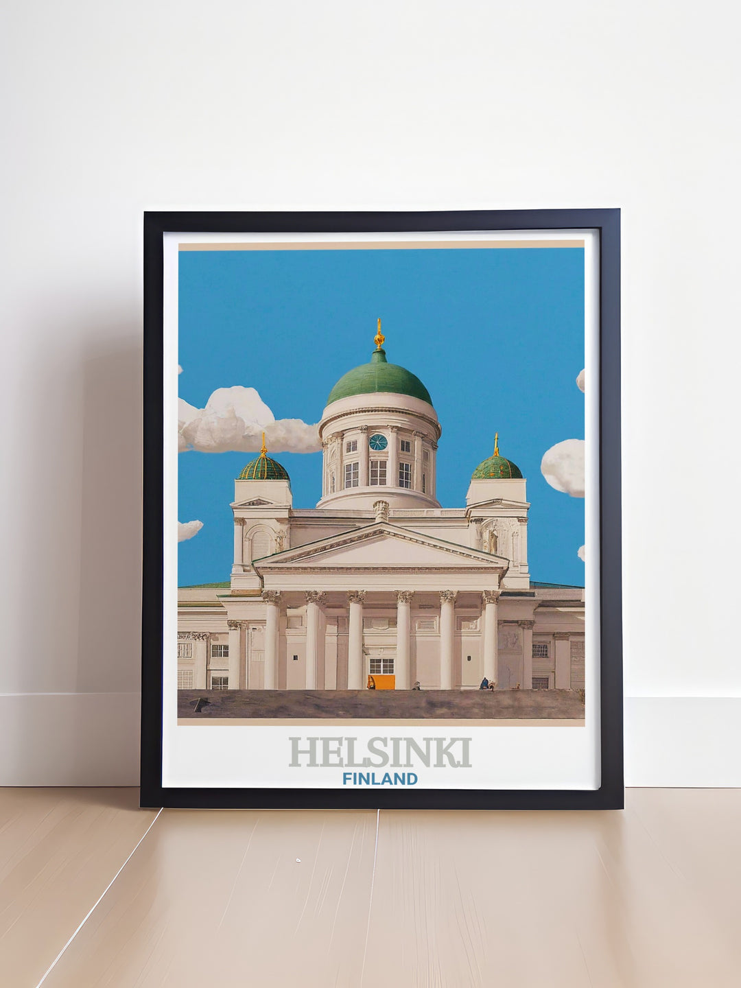 This Helsinki poster print captures the grandeur of Helsinki Cathedral, showcasing its iconic neoclassical architecture against the vibrant backdrop of Finlands capital city. Ideal for anyone who loves Scandinavian art, this travel print adds elegance to any space.