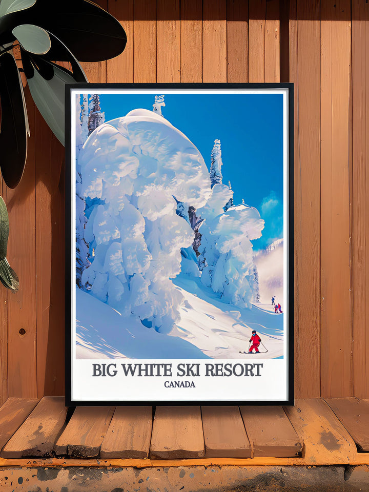 Poster of Big White Ski Resort featuring the iconic snow ghosts, capturing the silent beauty of the frosty trees and the thrill of Canadian winter adventures, perfect for ski and snowboard lovers.