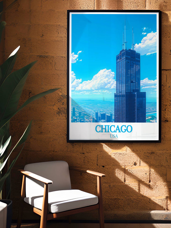 The Willis Tower Formerly Sears Tower framed print offering a detailed and vibrant depiction of Chicagos tallest building. An excellent choice for those looking to add a touch of elegance to their home decor or give a memorable gift.