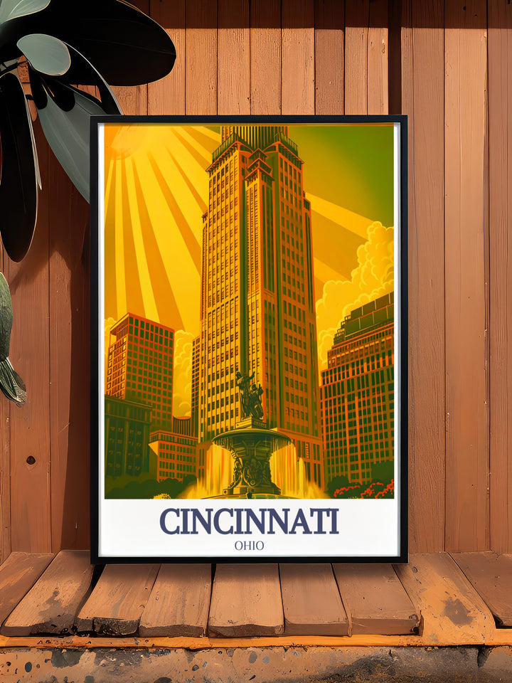 Detailed Cincinnati travel print featuring Carew Tower and Tyler Davidson Fountain perfect for enhancing your living room office or bedroom with timeless artwork and sophisticated visuals