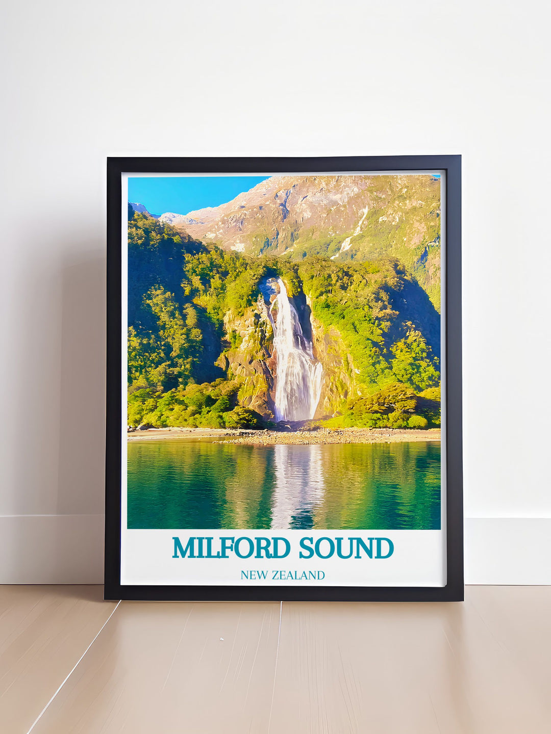 Nature poster of Milford Sound highlighting the stunning Bowen Falls waterfall amidst the breathtaking scenery of Fiordland National Park. A perfect gift for those who appreciate natural wonders.