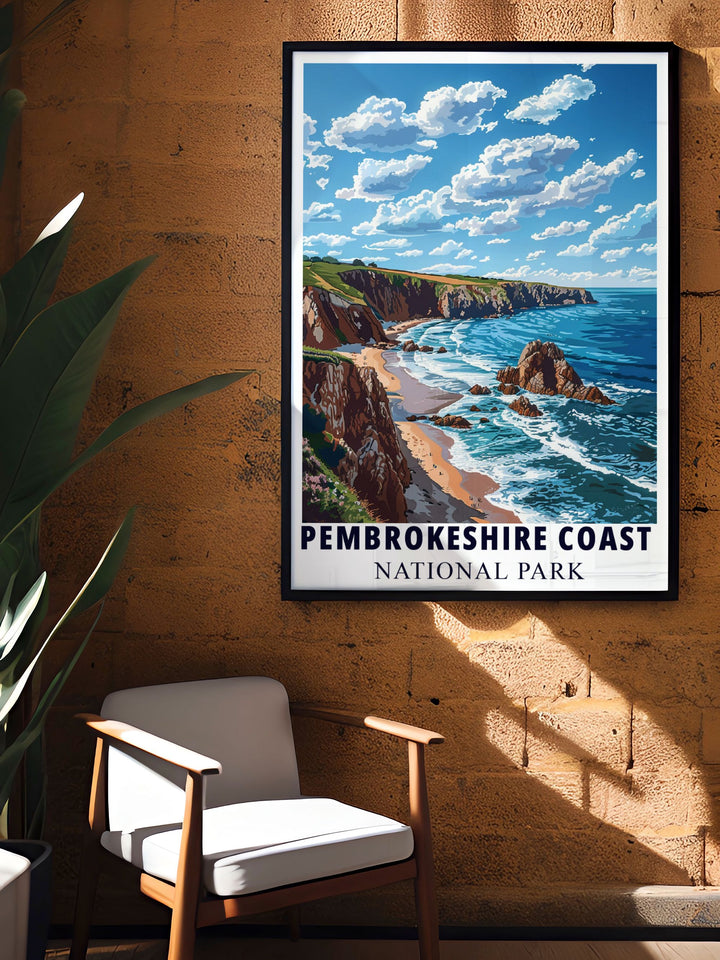Art Deco print of coastline in Pembrokeshire Wales showcasing the breathtaking beauty of the Welsh coast perfect for collectors of vintage travel posters and lovers of UK national parks providing a timeless and elegant wall art piece.