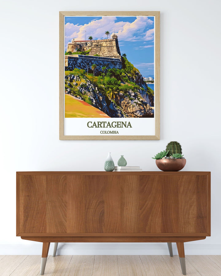 The architectural brilliance of Castillo de San Felipe de Barajas is magnificently illustrated in this travel poster, showcasing its historical significance and commanding views. Ideal for history buffs and military architecture enthusiasts, this artwork brings the charm of Cartagena into your home.