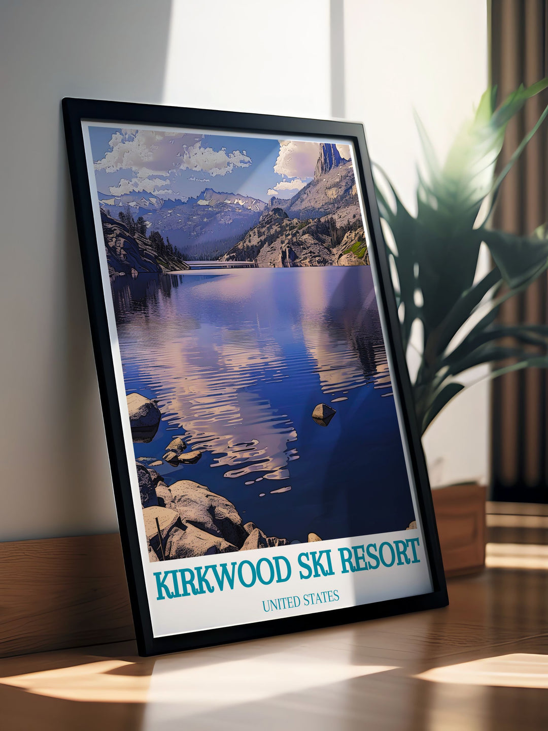 Captivating scenic poster of Caples Lake with clear blue waters and surrounding pine trees. The artwork highlights the natural beauty of the lake and its picturesque surroundings, making it a perfect addition to your wall decor for a touch of nature's serenity.