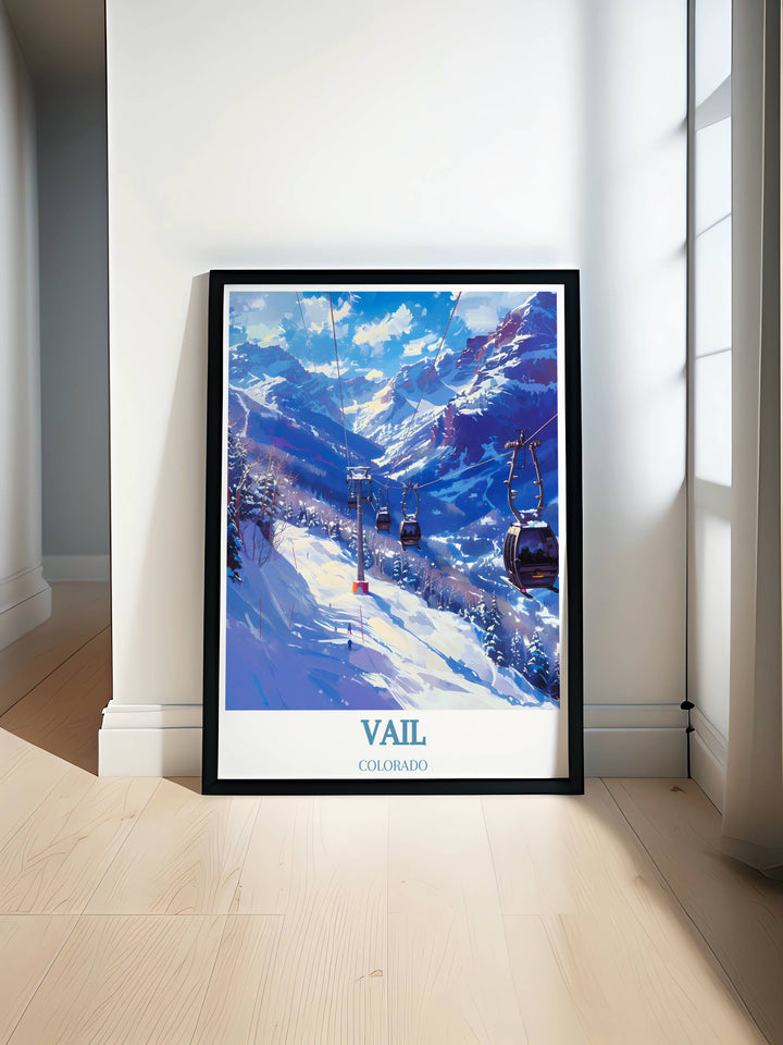 Travel poster of Vail Ski Resort featuring snow capped peaks and vibrant village life. Perfect for enhancing home decor and celebrating the beauty of Colorados Rocky Mountains.