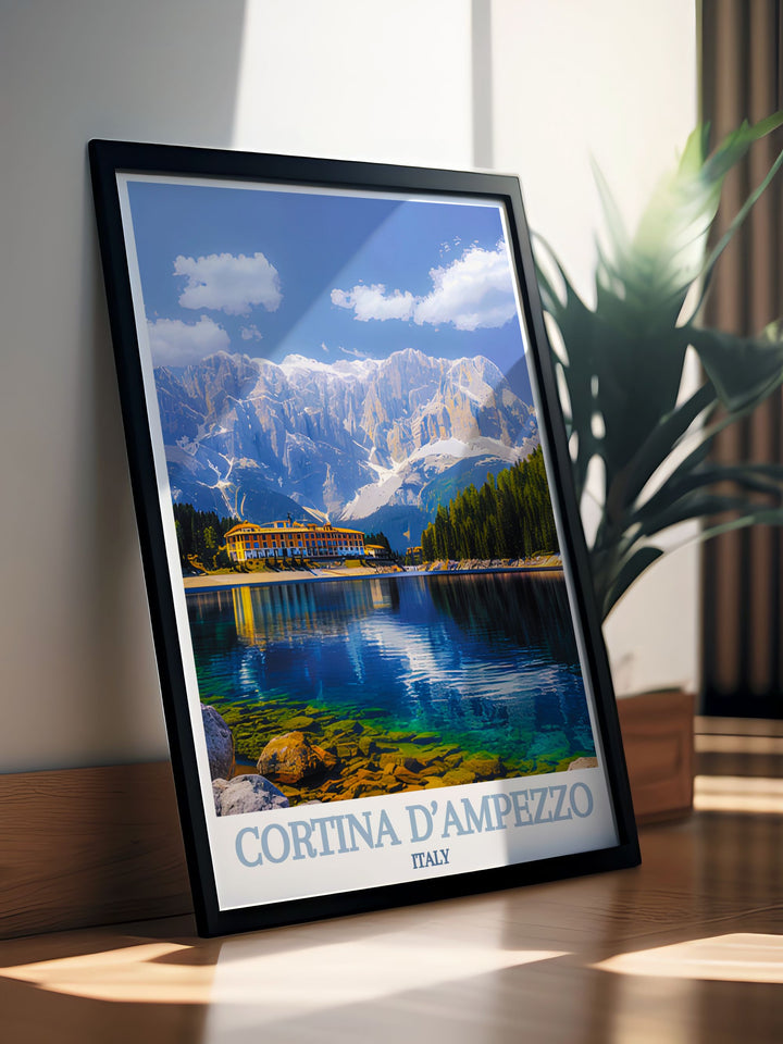 Experience the charm of Cortina dAmpezzo through our exquisite travel posters. Featuring the picturesque town, snow capped mountains, and luxurious alpine atmosphere, these prints are ideal for those who appreciate the blend of adventure and sophistication in Italy.