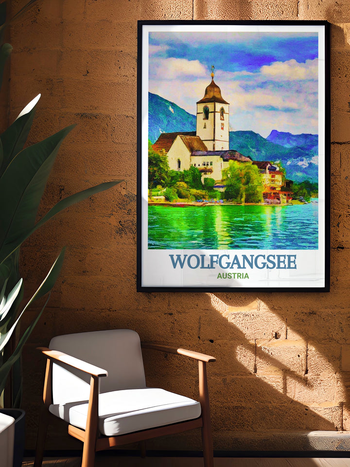 Wolfgangsee travel print featuring the serene lake and the historic St. Wolfgang Church. This detailed illustration captures the natural beauty and architectural elegance, making it a perfect addition to any home decor. Ideal for those who love Austrias picturesque landscapes.