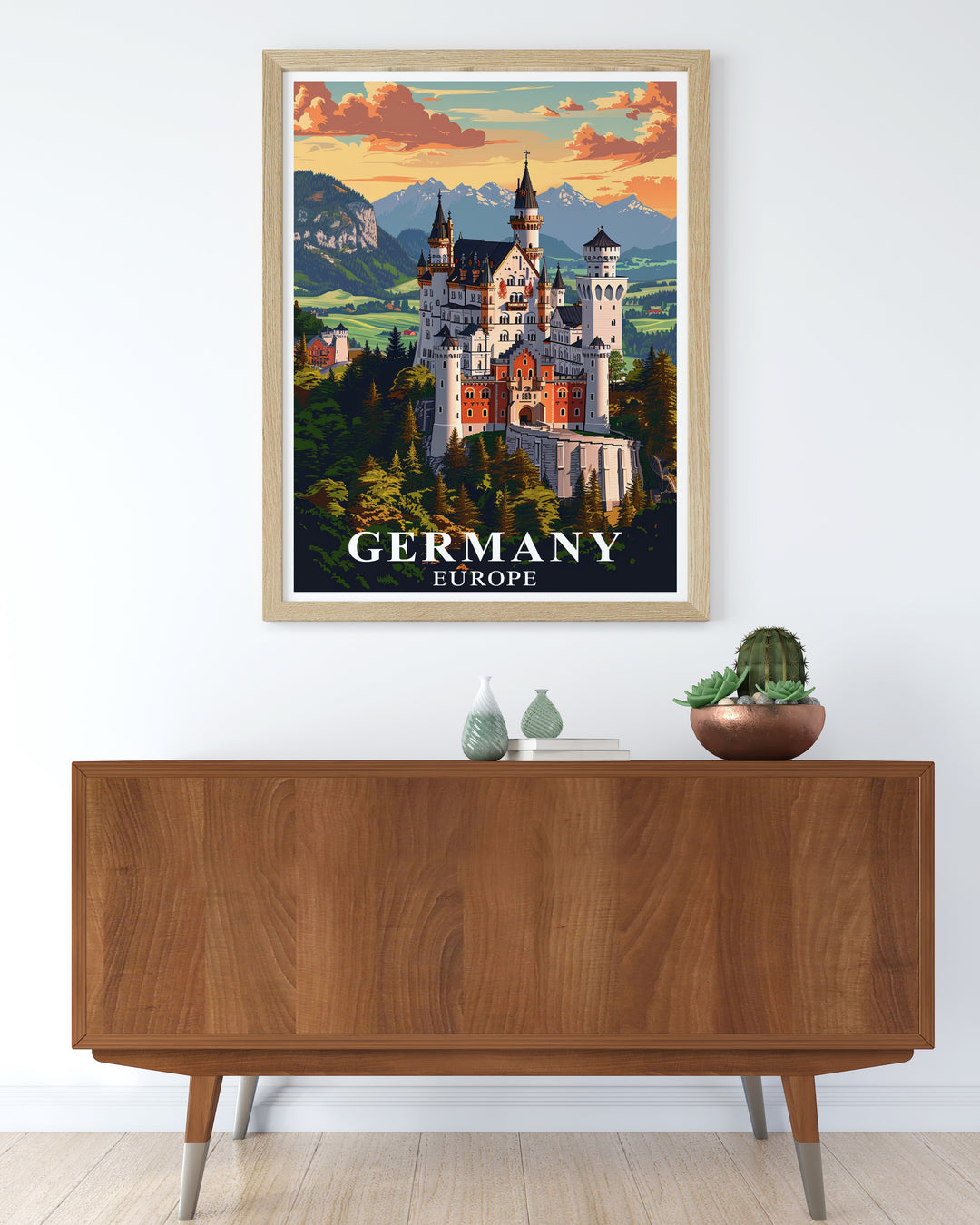 Experience the iconic beauty of Neuschwanstein Castle in Bavaria alongside the modern energy of Berlin with this stunning Germany travel print. Perfect for any space, this wall art captures the essence of Germanys rich history and vibrant culture.