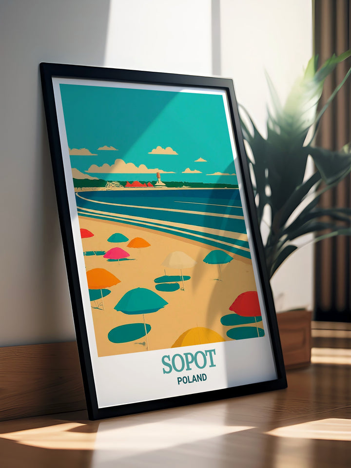 An elegant framed art print of Sopot, Poland, featuring the historic Grand Hotel and the tranquil beach, ideal for creating a relaxing ambiance in any room.