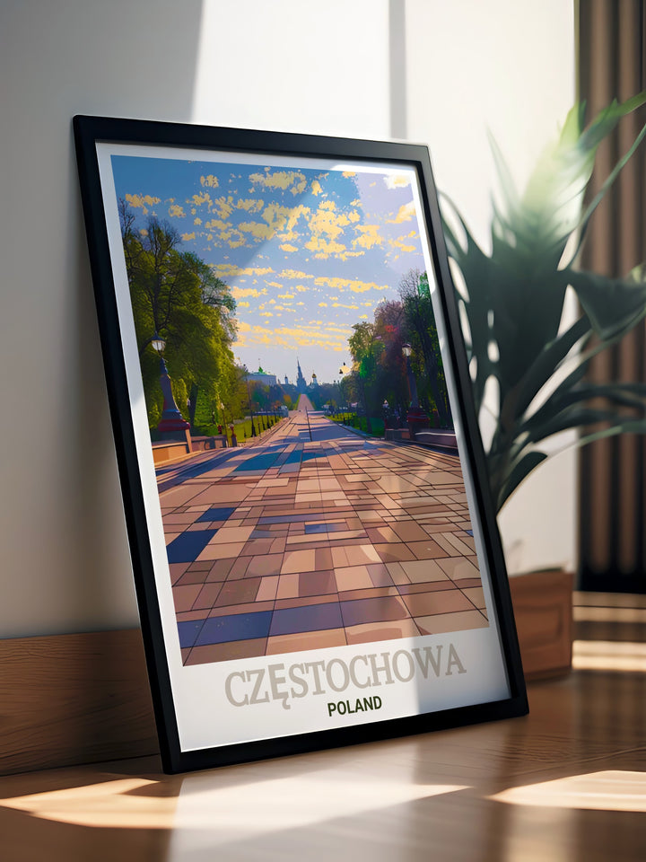 This Częstochowa wall print captures the peaceful atmosphere of the Avenue of the Blessed Virgin Mary, a key spiritual route in Poland. Ideal for those who admire religious history and culture, this travel art brings the beauty of Częstochowa into any home.