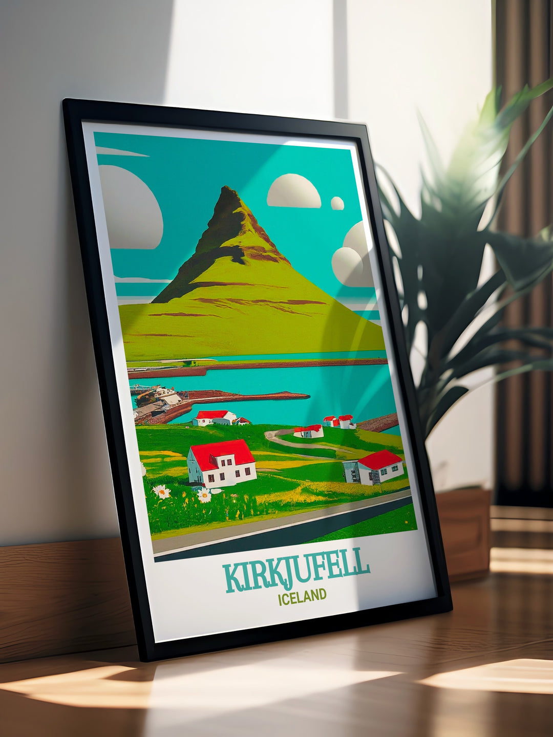 Iceland Canvas Art featuring a breathtaking panorama of Kirkjufell and Grundarfjörður, where the natural harmony between mountain and sea is perfectly depicted. This canvas art is designed to bring a touch of Icelands wild beauty into your living space, ideal for those who are inspired by the countrys dramatic landscapes.