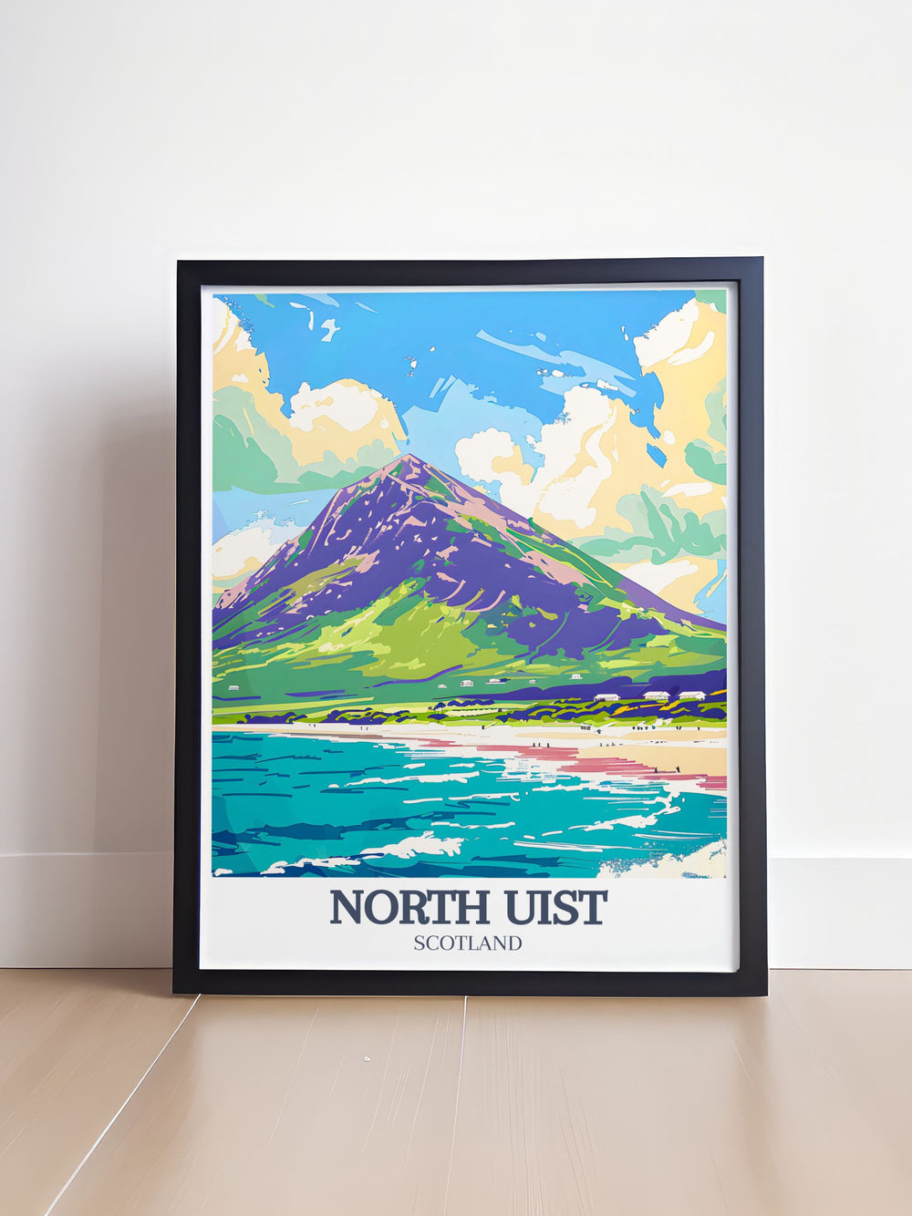 This North Uist art print captures the calm beauty of Sollas Beach alongside the rugged heights of Eaval Mountain. Ideal as wall art for your home or as a thoughtful gift, this framed art brings the spirit of Scotlands landscapes into your living space.