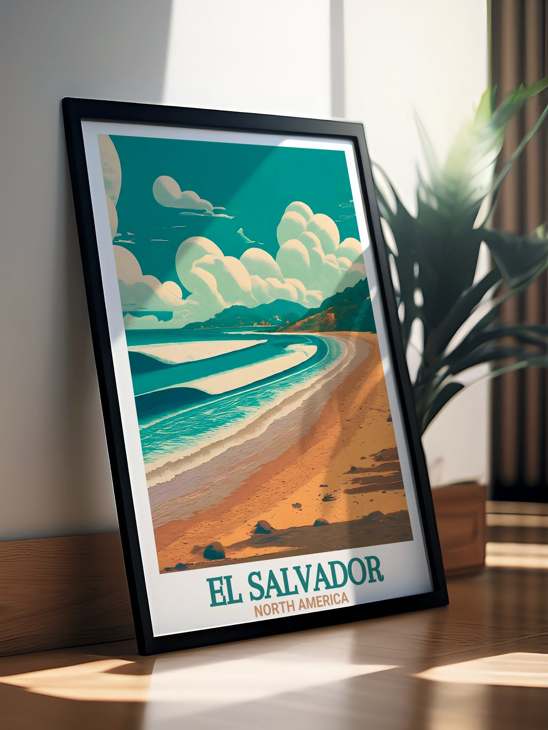 El Tunco Beach artwork in a vintage print style that highlights the stunning beaches of El Salvador a beautiful travel poster that makes an excellent birthday gift or Christmas gift for those who love the charm and culture of El Salvador