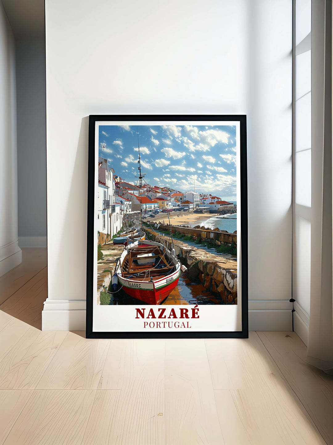 Stunning Traditional Fishing Village print capturing the vibrant life of Nazare Portugal perfect for enhancing any room with a touch of coastal charm and elegance ideal for living rooms or offices