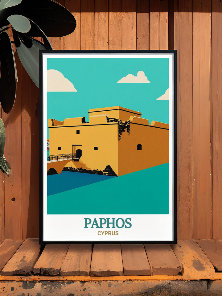 Explore the historic charm of Paphos with this detailed poster print, featuring the iconic Paphos Castle and the serene Mediterranean backdrop. The artwork captures the timeless beauty of Cyprus, making it a perfect addition to any home decor that celebrates history and culture.