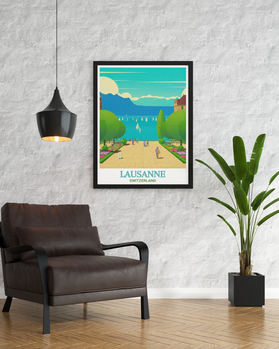 The Ouchy Promenade in Lausanne is beautifully depicted in this travel print, capturing the essence of Switzerlands lakeside tranquility, perfect for transforming any space into a peaceful retreat.