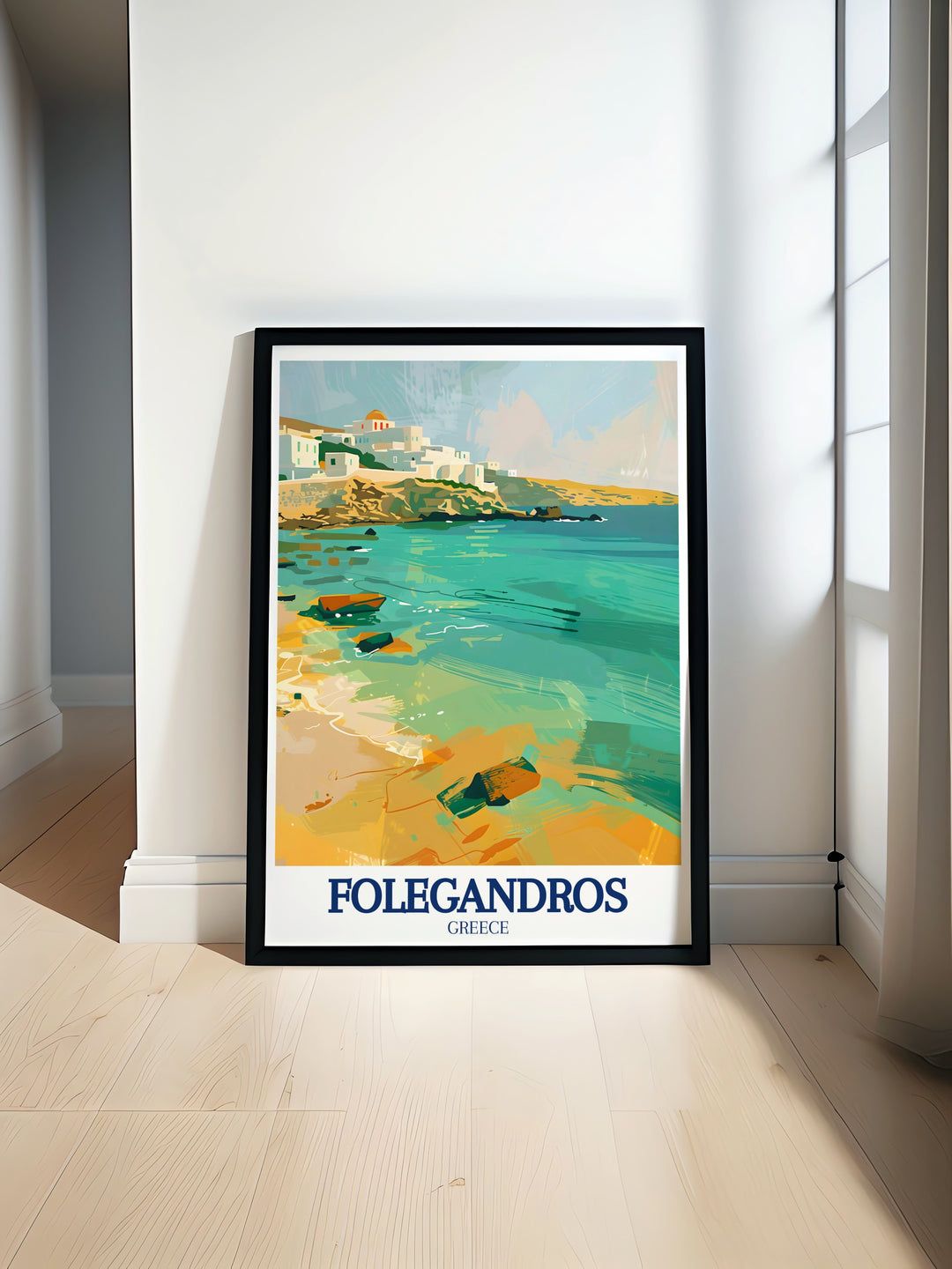 Paralia Agkali vintage poster showcasing the tranquil beauty of Folegandros serene beach. This detailed art print is a great gift for those who cherish the charm of Greek island life and the beauty of the Aegean Sea.