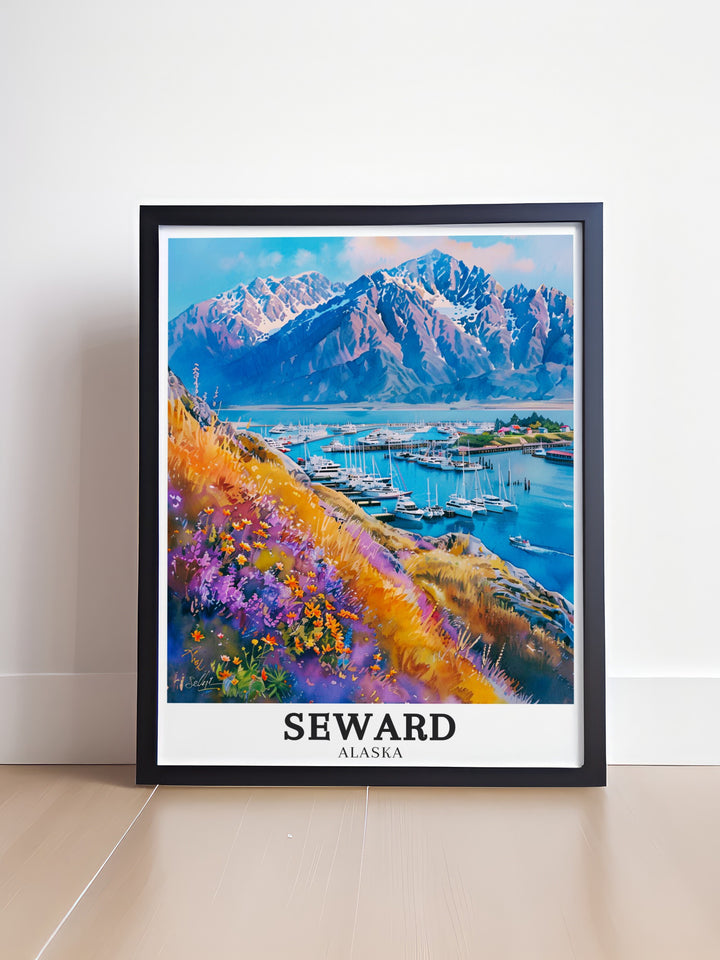 Elegant Seward Harbor artwork showcasing the vibrant harbor and the breathtaking Kenai Mountains. The detailed print brings the rugged landscapes and vibrant life of Seward into your living space, making it a cherished piece for Alaska art lovers