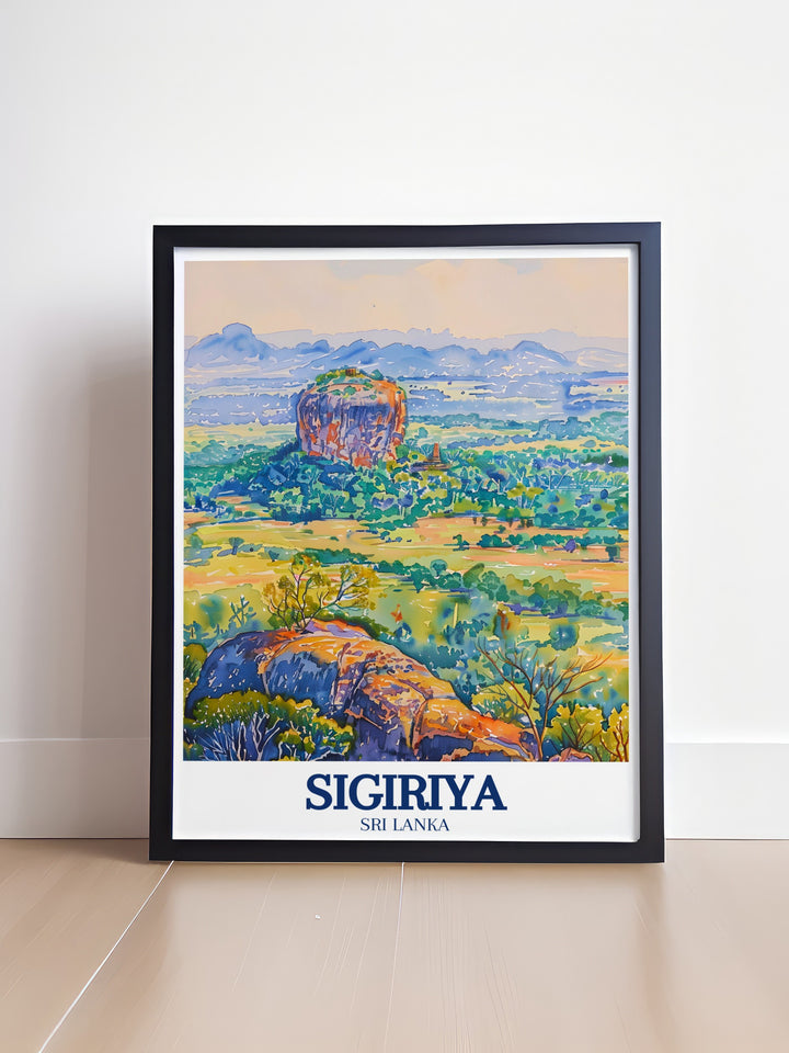 Vintage poster of Sigiriya, highlighting the ancient fortress known as Lions Rock. The artwork brings together elements of Sri Lankas rich history and its stunning natural scenery, perfect for those who appreciate travel inspired art with a historical twist.