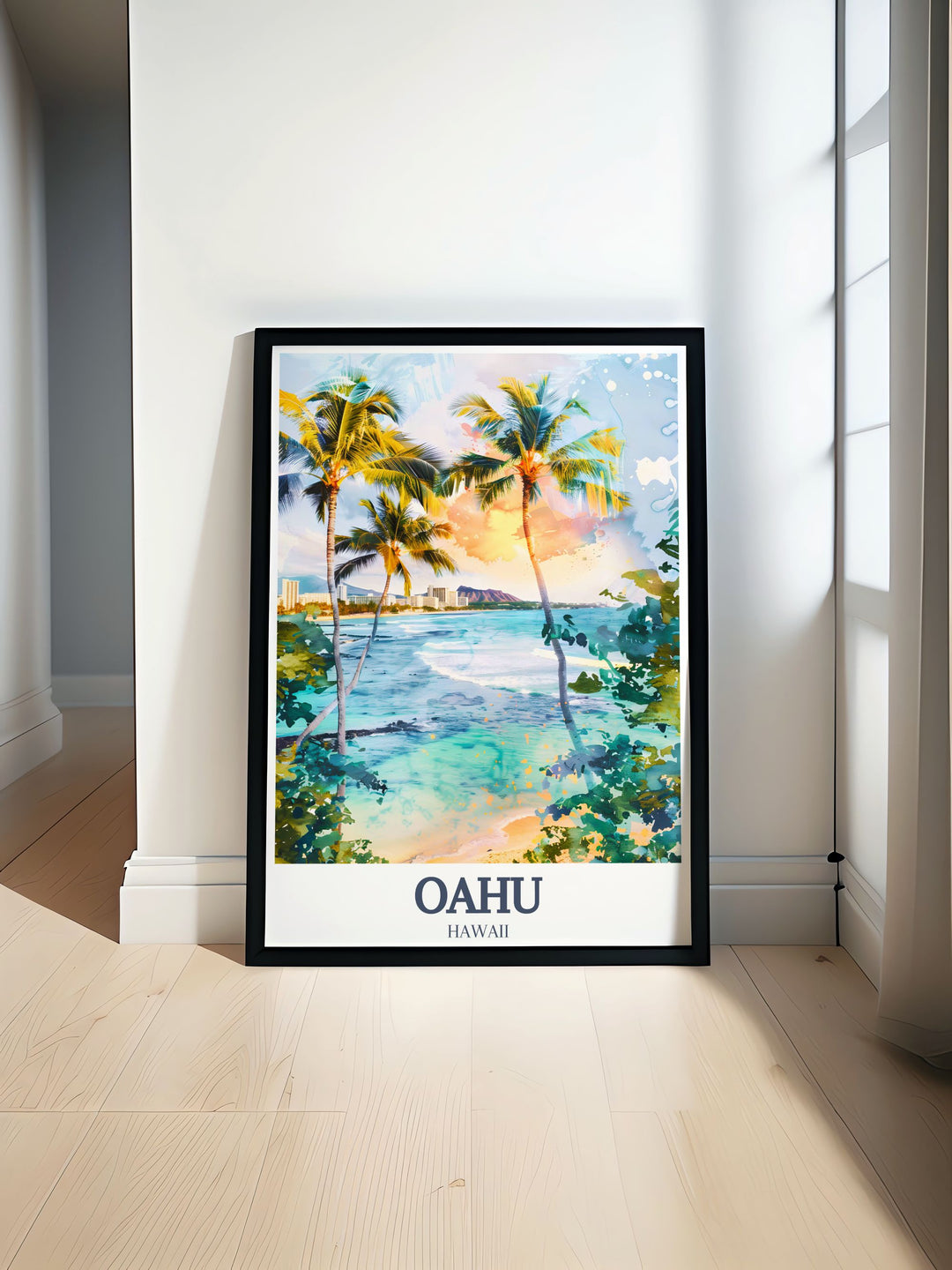 A captivating travel poster showcasing Oahus most famous landmarks—Diamond Head and Waikiki Beach. This high quality print is ideal for home décor or as a unique travel gift for Hawaii lovers and adventurers.