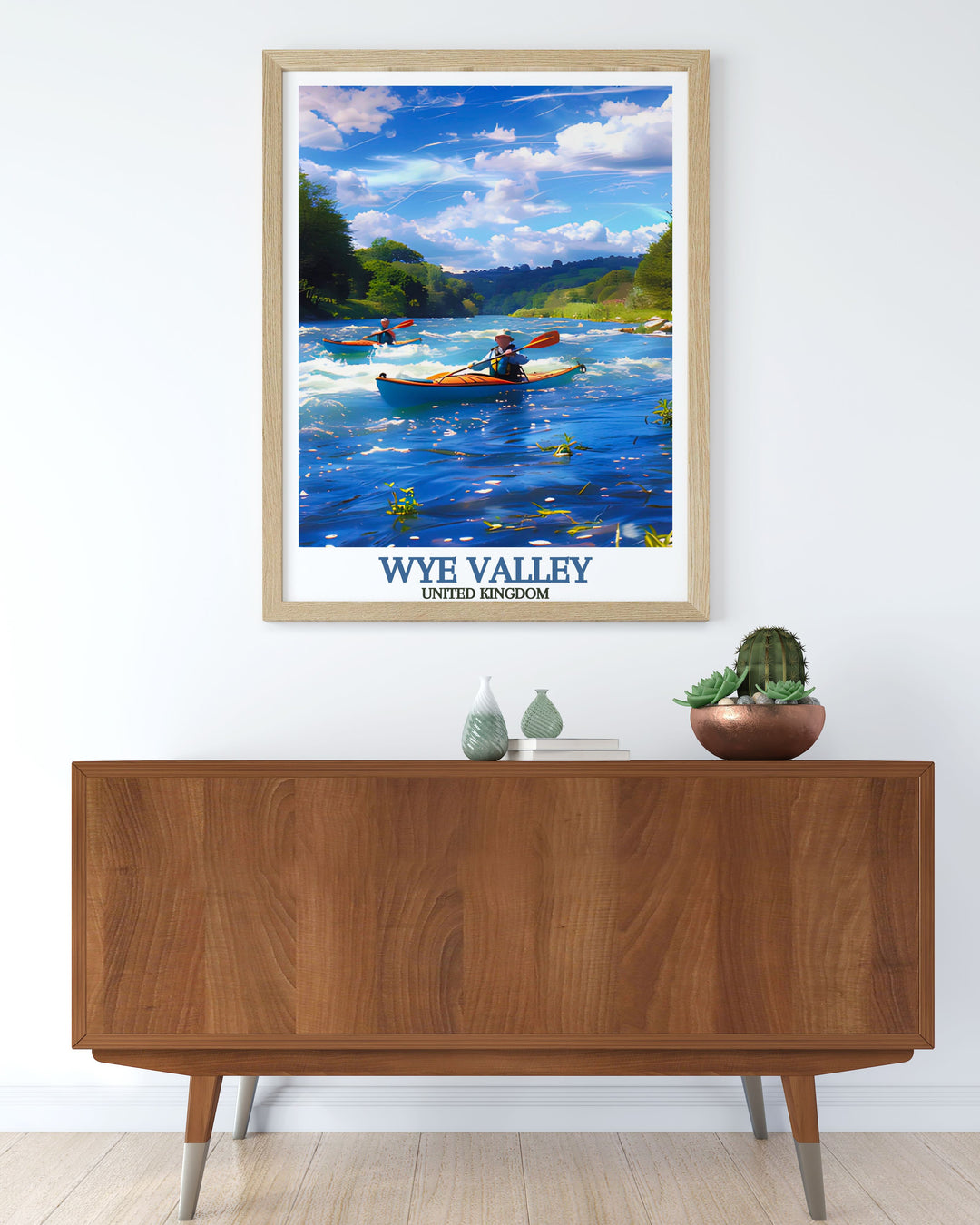 Retro railway poster inspired print of Canoeing and Kayaking on the River Wye. Perfect for enhancing your home decor with a touch of classic and timeless appeal.