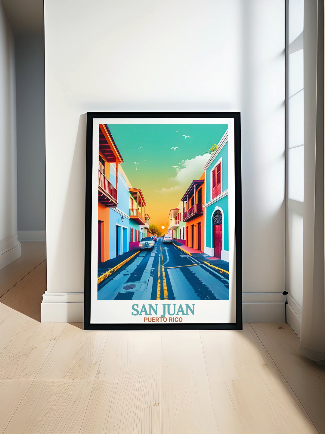 Old San Juan poster print showcasing the vibrant streets of Puerto Rico is the perfect addition to Caribbean wall art. Ideal for any room this modern print brings color and culture into your home making it a great choice for home decor or gifts.