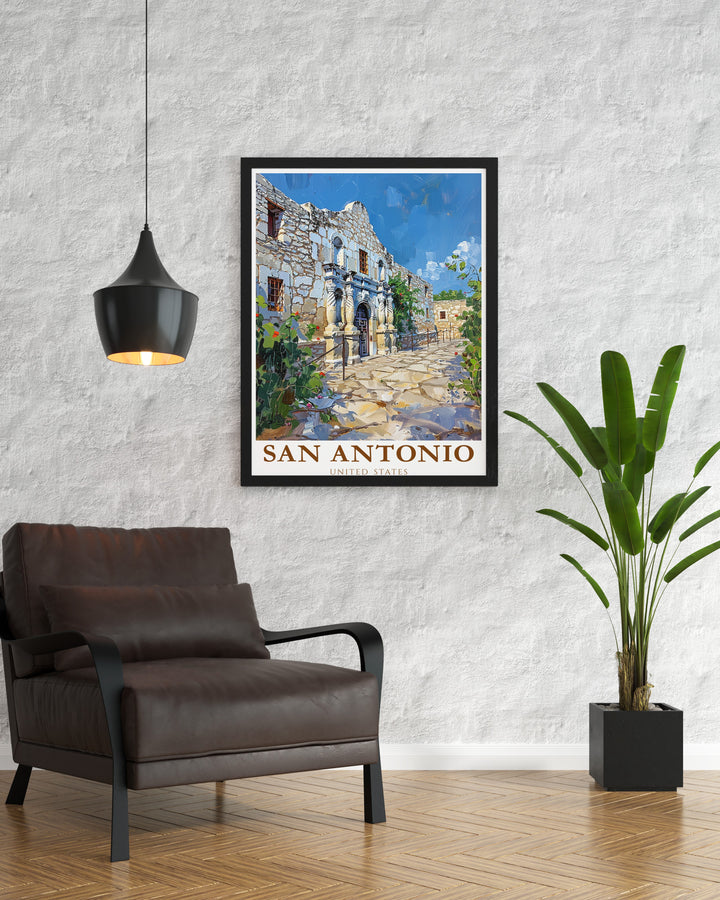 Our San Antonio poster print celebrates the Alamos legacy, showcasing the historic site in vibrant detail. Ideal for history lovers and travelers alike, this artwork honors the cultural significance of one of the United States most important landmarks.