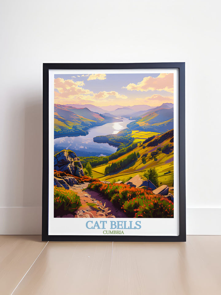 Cat Bells Summit modern art print designed to add a touch of elegance and tranquility to your home decor this travel poster features the picturesque landscape of Derwentwater and is an excellent addition to any wall decor collection.