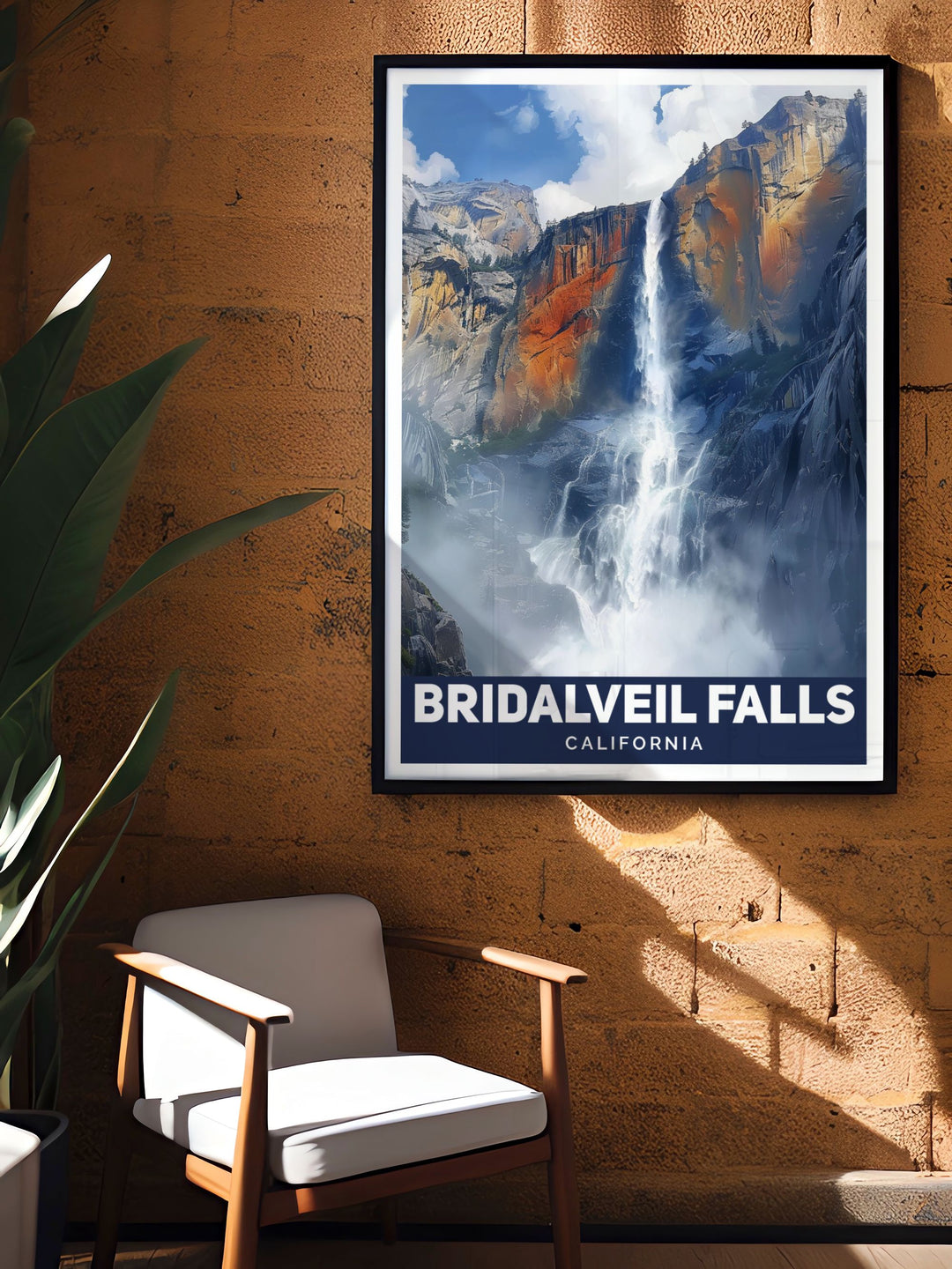 Closeup art of Bridalveil Falls in California featuring detailed imagery of the waterfall and surrounding landscape. This California travel print is a wonderful addition to any home decor and makes a great gift for nature enthusiasts and art collectors alike.