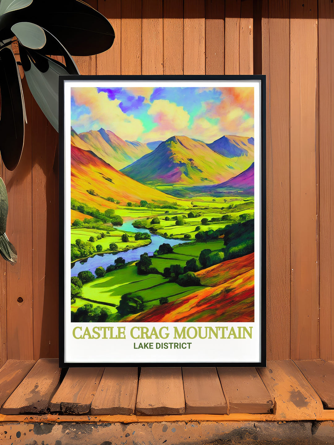 Castle Crag Mountain vintage poster evokes the classic beauty of the Lake District, featuring the rugged fells of Borrowdale Valley, perfect for outdoor enthusiasts and collectors of vintage travel art.