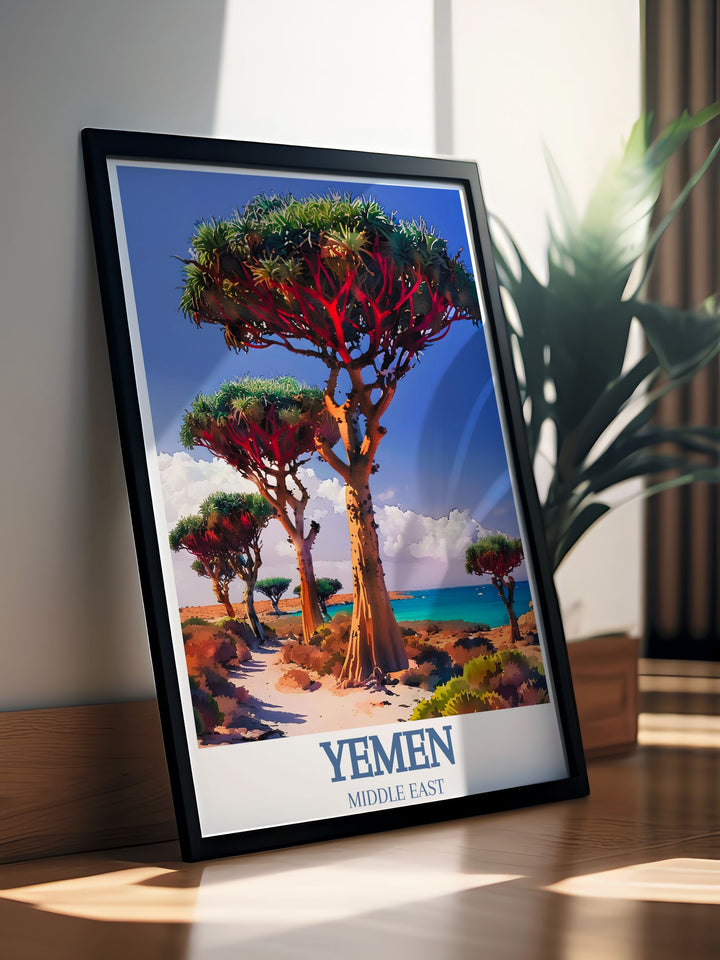 Transform your space with Socotra island Yemen Art Print highlighting the Dragons Blood Trees and Detwah Lagoon ideal for modern living room decor