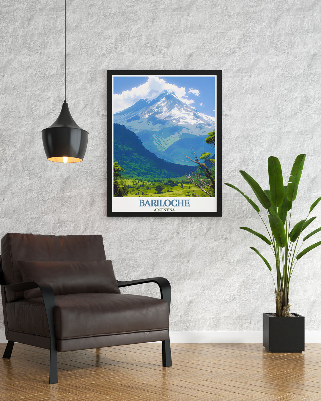 Beautiful Bariloche travel poster capturing the serene Tronador Volcano and vibrant San Carlos, reflecting Argentinas unique landscapes. Ideal for those who appreciate the beauty of the Andes and the charm of Bariloche.