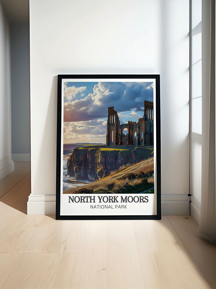 Embrace the natural splendor of North York Moors with this detailed travel poster, illustrating the rolling hills, deep valleys, and vibrant heather that characterize this remarkable landscape.