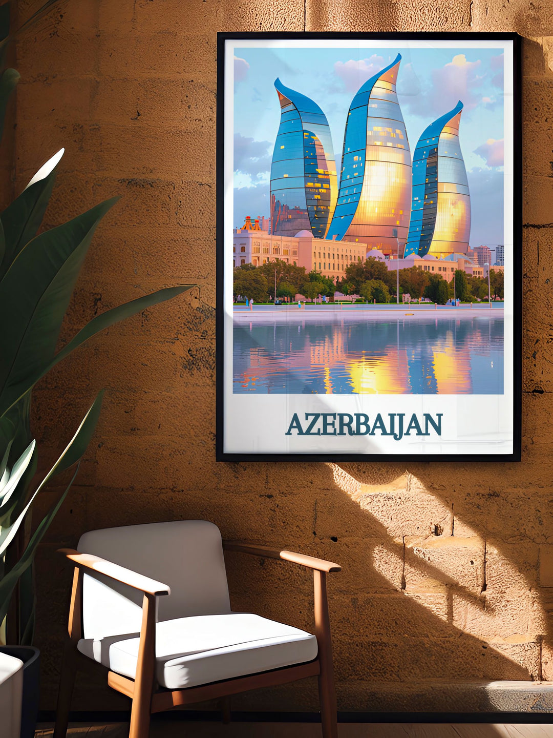 Elevate your home decor with this Flame Towers modern art print featuring Bakus iconic skyline this Azerbaijan artwork offers a stunning visual of the citys famous skyscrapers perfect for living rooms offices or any space that could use a touch of elegance