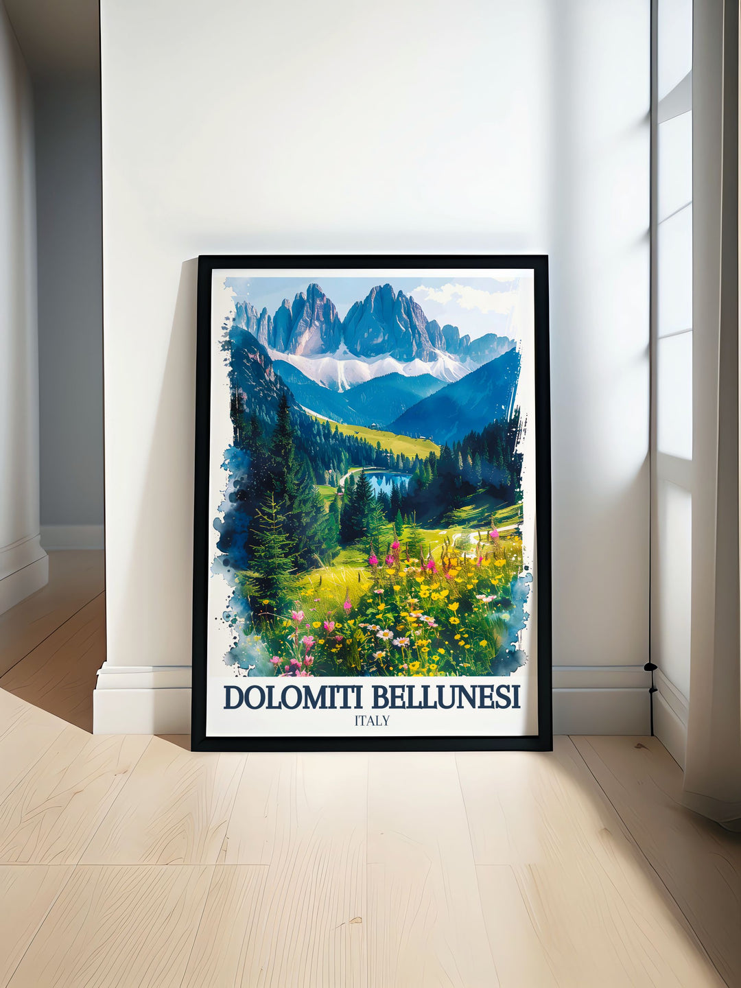 Dolomite range travel poster capturing the stunning beauty of the Dolomiti Bellunesi in Northern Italy perfect for enhancing your home decor with breathtaking views of the Italian mountains.