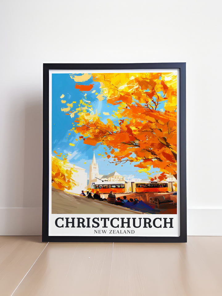 Add a touch of New Zealands charm to your home with a stunning print featuring ChristChurch Cathedral and Christchurch Heritage Trams ideal for wall decor in any room capturing the elegance of Christchurchs historic architecture and vintage transportation.